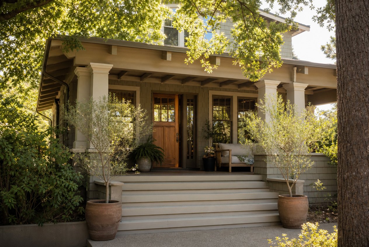Sunlit porch of a Northern California home under mature oaks