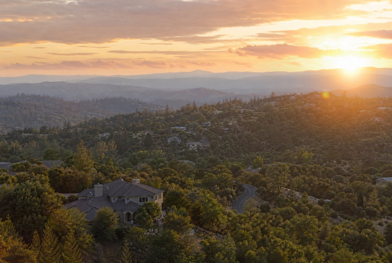 Oak covered Northern California foothills neighborhood at sunset
