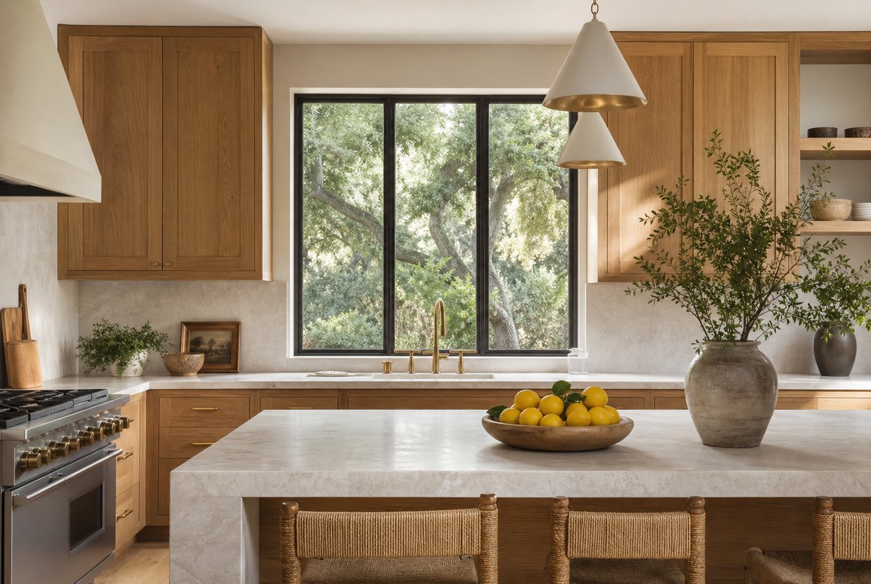 Warm white kitchen with oak cabinetry in a Northern California home