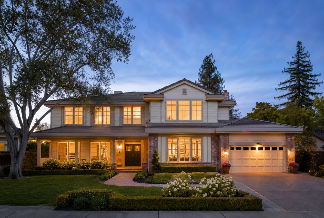 Sample listing imagery, a Northern California home at dusk