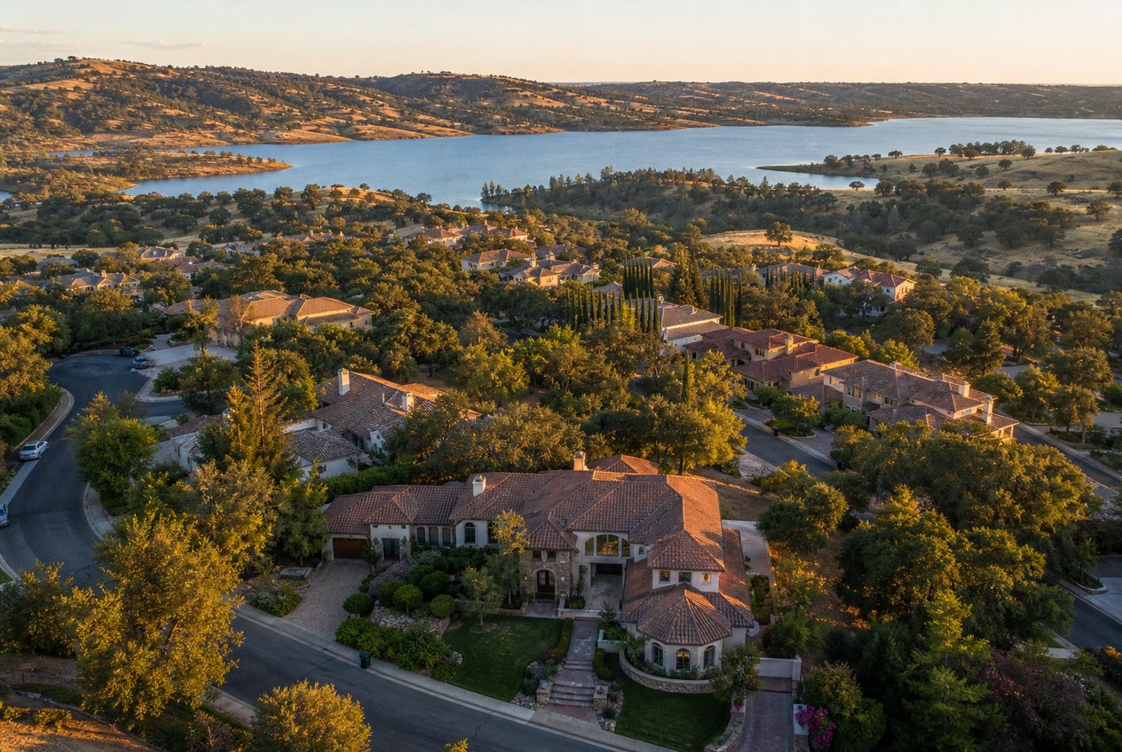 Oak lined Northern California neighborhood above Folsom Lake at golden hour